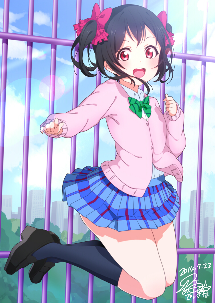 1girl, black_hair, black_legwear, blush, bow, bowtie, buttons, cardigan