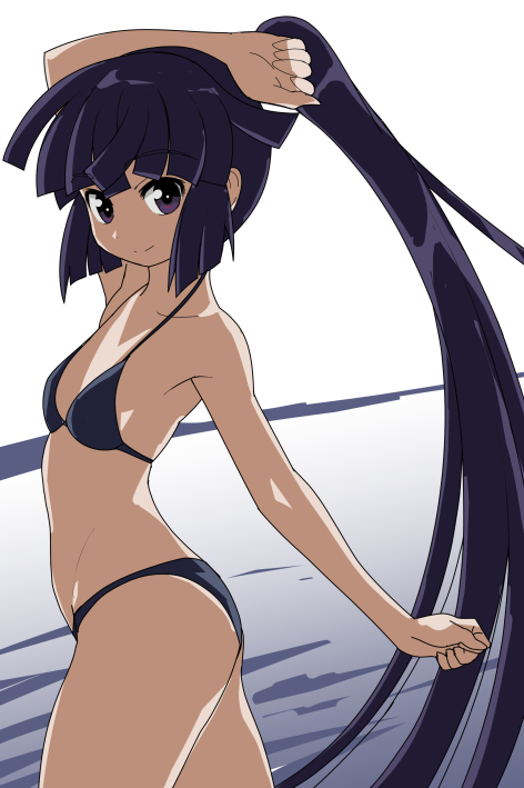 1girl, akatsuki_(log_horizon), arm_up, bare_shoulders, bikini, black_bikini, halterneck, log_horizon