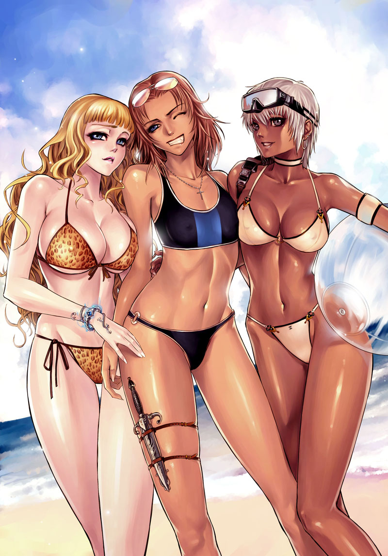 3girls, armband, bare_shoulders, beach, bikini, blonde_hair, blue_eyes, breast_press, breasts, brown_hair, choker, dark_skin, earrings, feet_out_of_frame, female, fighter_(granado_espada), flat_chest, front-tie_top, goggles, goggles_on_head, granado_espada, grey_eyes, grin, huge_breasts, jewelry, knife, large_breasts, leopard_print, long_hair, midriff, multiple_girls, navel, one_eye_closed, sayo_tanku, scout_(granado_espada), short_hair, smile, sunglasses, sunglasses_on_head, swimsuit, underboob, warlock_(granado_espada), white_hair, wink, yuyn
