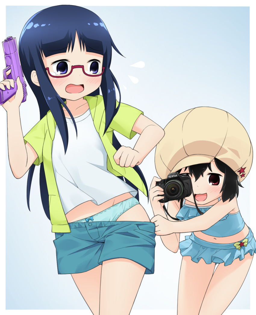 2girls, :3, bangs, bare_shoulders, bikini_skirt, black_eyes, black_hair, blue_panties, blunt_bangs, blush, brown_eyes, camera, denim, denim_shorts, denki-gai_no_hon'ya-san, frilled_swimsuit, frills, glasses, hat, highres, kameko_(denki-gai), long_hair, midriff, mikakeha, multiple_girls, open_mouth, panties, red-framed_glasses, semi-rimless_glasses, sensei_(denki-gai), short_hair, shorts, shorts_pull, swimsuit, under-rim_glasses, underwear, water_gun, wavy_mouth
