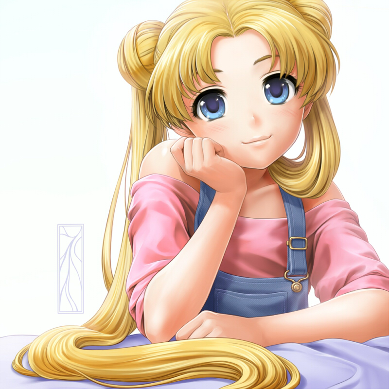 1girl, arm_support, bare_shoulders, bishoujo_senshi_sailor_moon, bishoujo_senshi_sailor_moon_crystal, blonde_hair, blue_eyes, bust, collarbone, double_bun, dungarees, hair_bun, kotikomori, long_hair, looking_at_viewer, off_shoulder, shirt, smile, solo, tsukino_usagi, twintails, very_long_hair