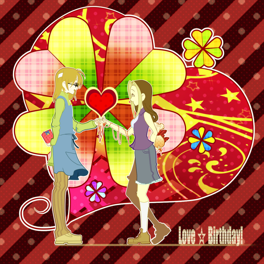 1girl, bad_id, couple, gift, hand_holding, harvest_moon, heart, highres, holding_hands, karen_(harvest_moon), motarou, multicolored_hair, rick_(harvest_moon), thread, two-tone_hair