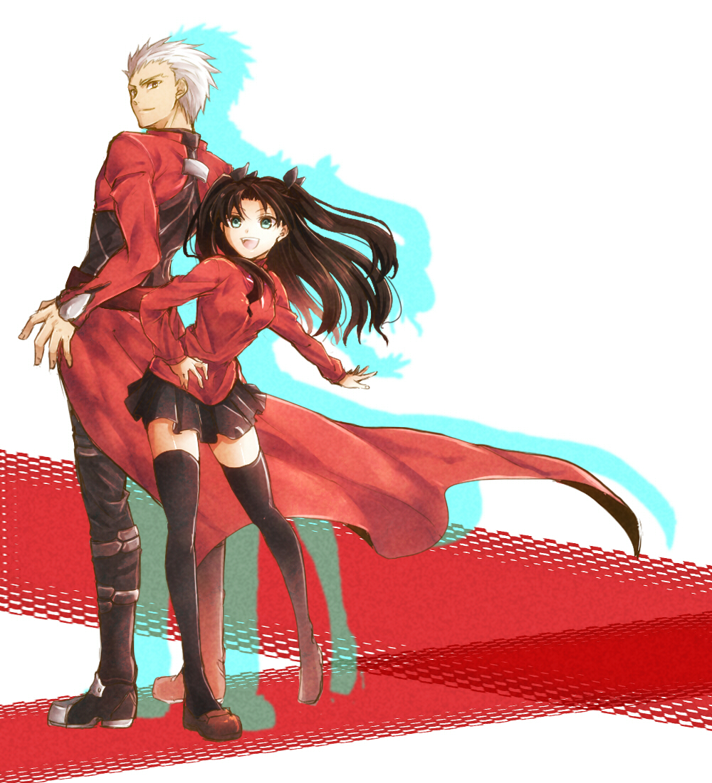 1boy, 1girl, archer, black_hair, black_legwear, blue_eyes, fate/stay_night, fate_(series), hair_ribbon, kanade_(reveryearth), ribbon, tohsaka_rin, toosaka_rin, two_side_up, white_hair