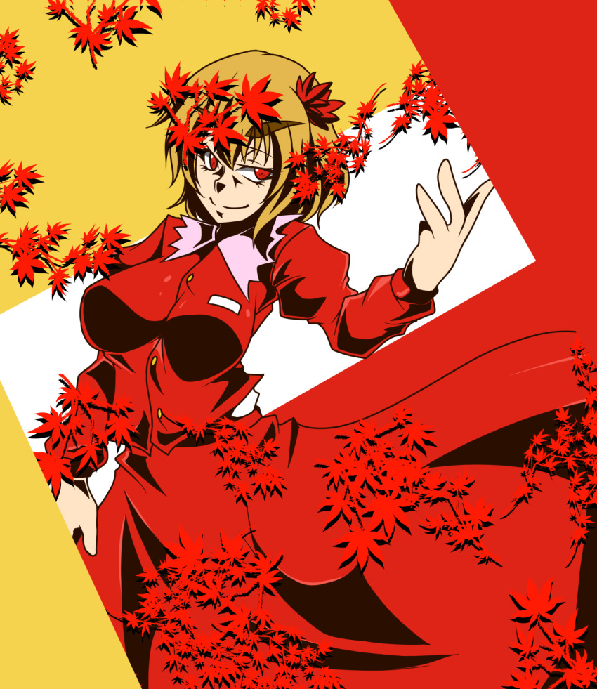 1girl, aki_shizuha, blonde_hair, hair_ornament, highres, large_breasts, leaf, long_skirt