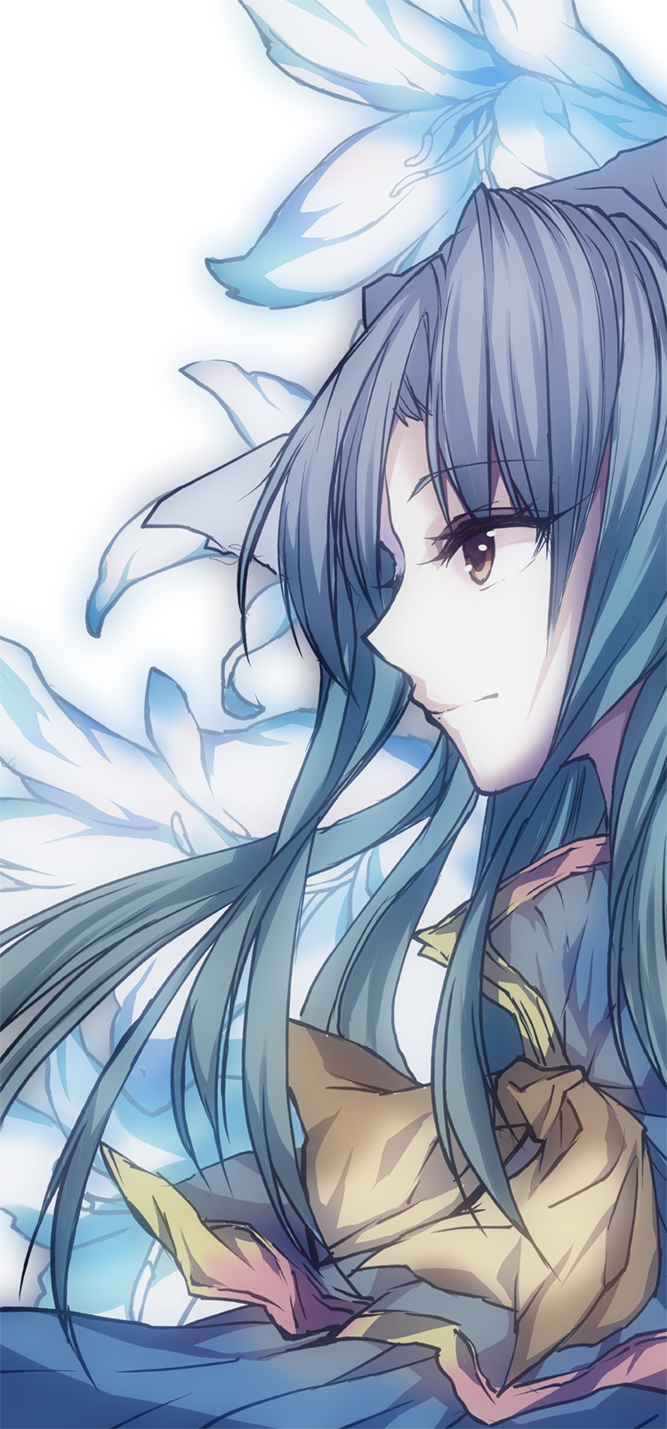 1girl, black_eyes, black_hair, flower, highres, katayama_kei, lily_(flower), long_hair