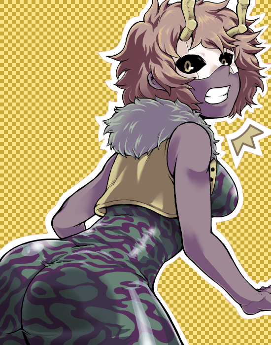 1girl, ashido_mina, boku_no_hero_academia, fur_trim, nasubino, short_hair, solo