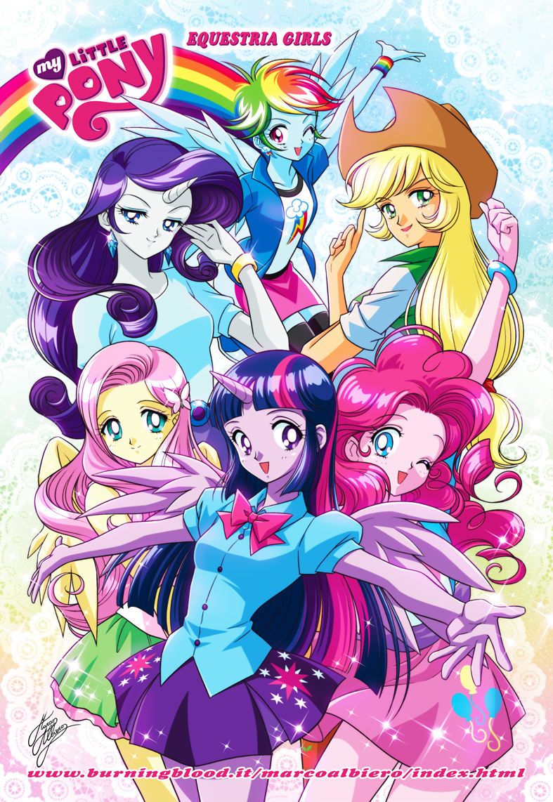 6+girls, :d, anime_coloring, applejack, artist_name, blonde_hair, blouse, blue_eyes, blue_skin, bow, butterfly_hair_ornament, casual, doily, earrings, fluttershy, gradient, gradient_background, green_eyes, green_skirt, hair_ornament, half-closed_eyes, horn, jewelry, logo, long_hair, low-tied_long_hair, marco_albiero, multicolored_hair, multiple_girls, my_little_pony, my_little_pony_friendship_is_magic, one_eye_closed, open_mouth, outstretched_arms, parody, personification, pink_bow, pink_eyes, pink_hair, pink_skin, pink_skirt, pinkie_pie, puffy_short_sleeves, puffy_sleeves, purple_hair, purple_skirt, rainbow_dash, rainbow_hair, rarity, short_sleeves, signature, skirt, smile, sparkle, style_parody, thigh-highs, twilight_sparkle, two-tone_hair, violet_eyes, watermark, web_address, white_skin, wings, yellow_skin, zettai_ryouiki