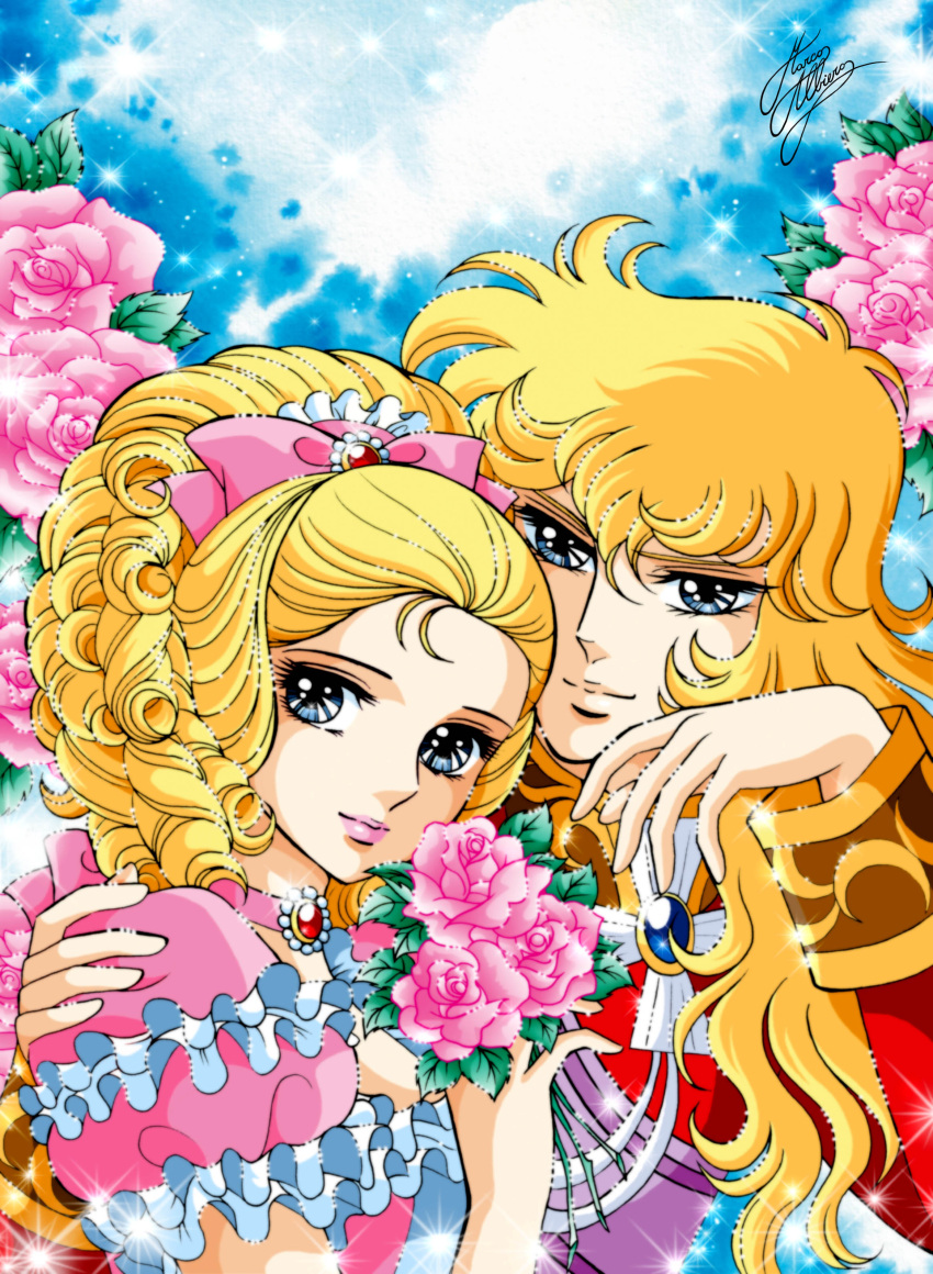 2girls, absurdres, androgynous, artist_name, blonde_hair, highres, marie_antoinette_(versailles_no_bara), multiple_girls