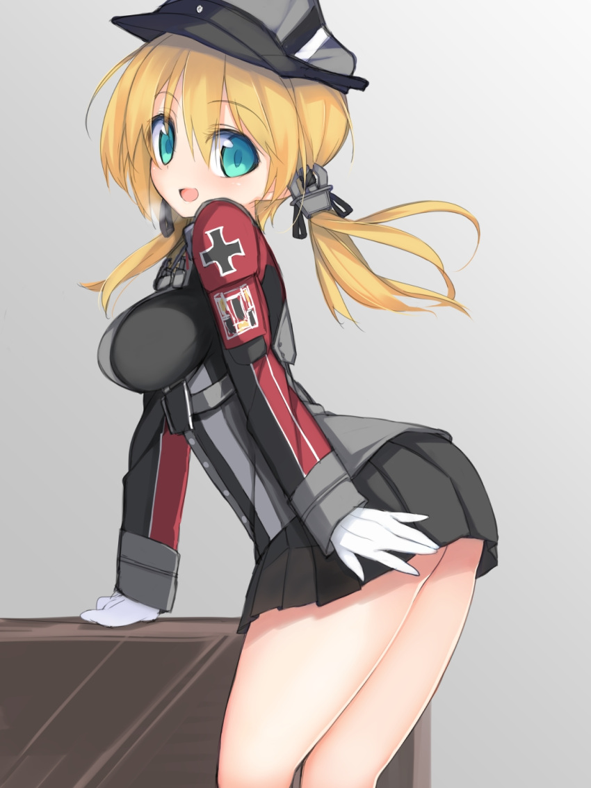 1girl, :d, anchor_hair_ornament, arm_support, black_ribbon, black_skirt, blonde_hair, blue_eyes