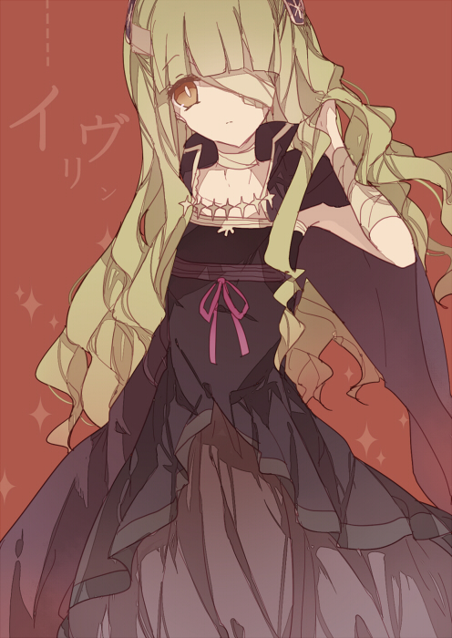 1girl, bandage_over_one_eye, bandages, brown_eyes, dress, evelyn_(unlight), green_hair, long_hair, phoenix0, solo, unlight