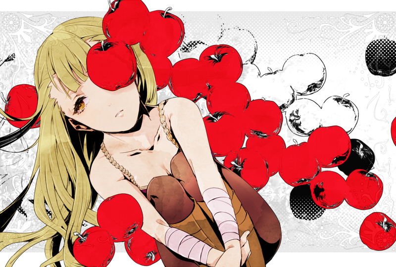 1girl, apple, bandages, dress, evelyn_(unlight), food, fruit, green_hair, long_hair, solo, unlight, uwoyuz, yellow_eyes