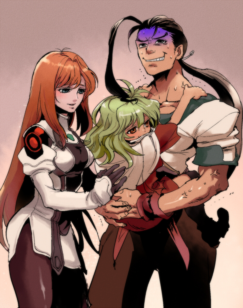 1boy, 2girls, black_hair, dark_skin, elhaym_van_houten, emerada_(xenogears), fei_fong_wong, green_hair