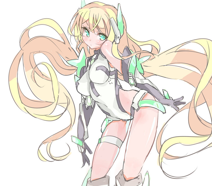 1girl, angela_balzac, aqua_eyes, bare_shoulders, blonde_hair, bodysuit, breasts, contrapposto