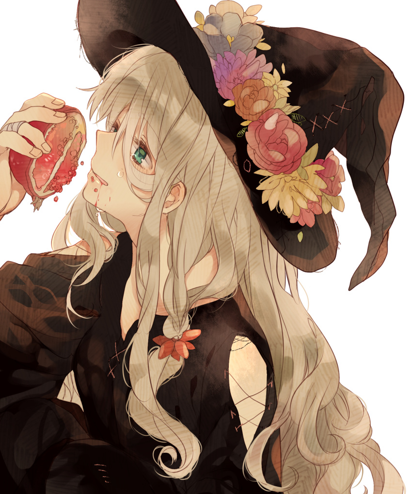 1girl, bandages, blonde_hair, braid, dripping, ear, eating, flower