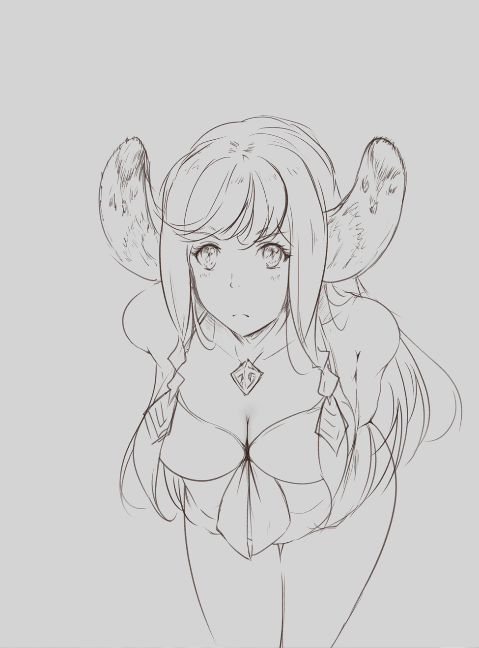 1girl, animal_ears, arms_behind_back, bare_shoulders, bonna_(terra_battle), breasts, cleavage, cowboy_shot, grey_background, highres, leaning_forward, lineart, long_hair, mth43, necktie, sketch, solo, terra_battle