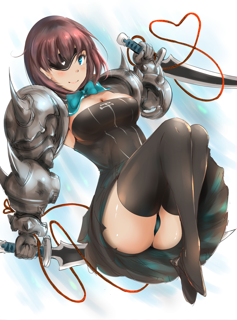 1girl, amazora_(terra_battle), aqua_eyes, black_legwear, blush, bow, breasts, brown_hair