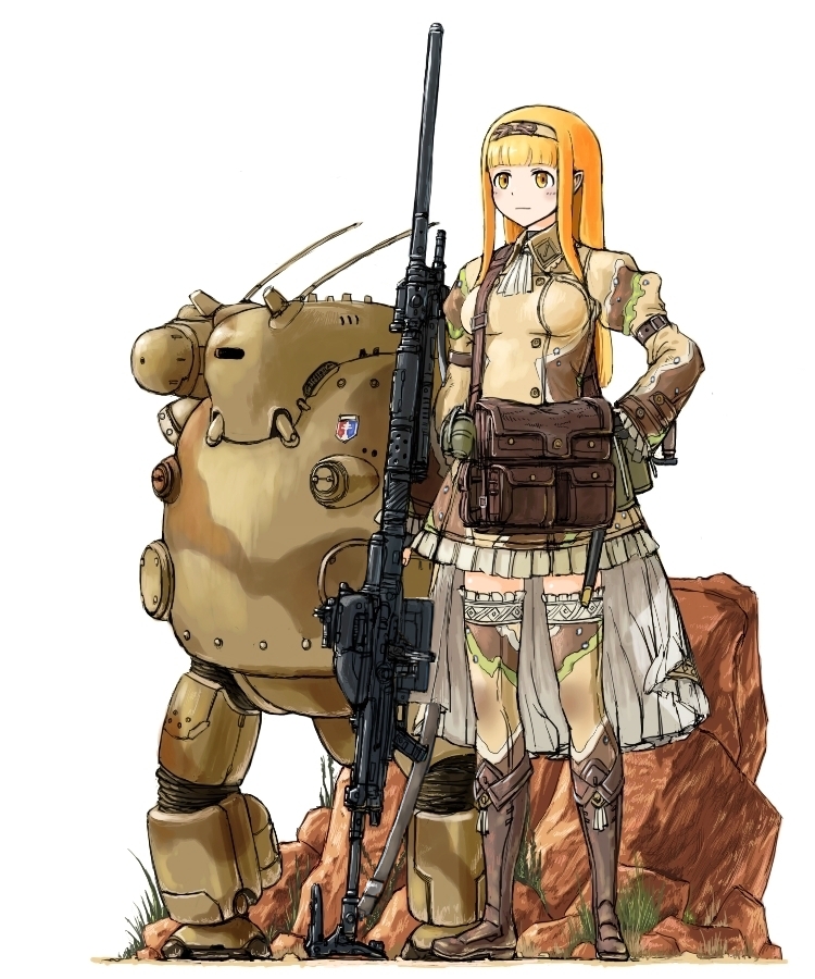 1girl, bag, belt, blonde_hair, blush, boots, brown_boots, camouflage