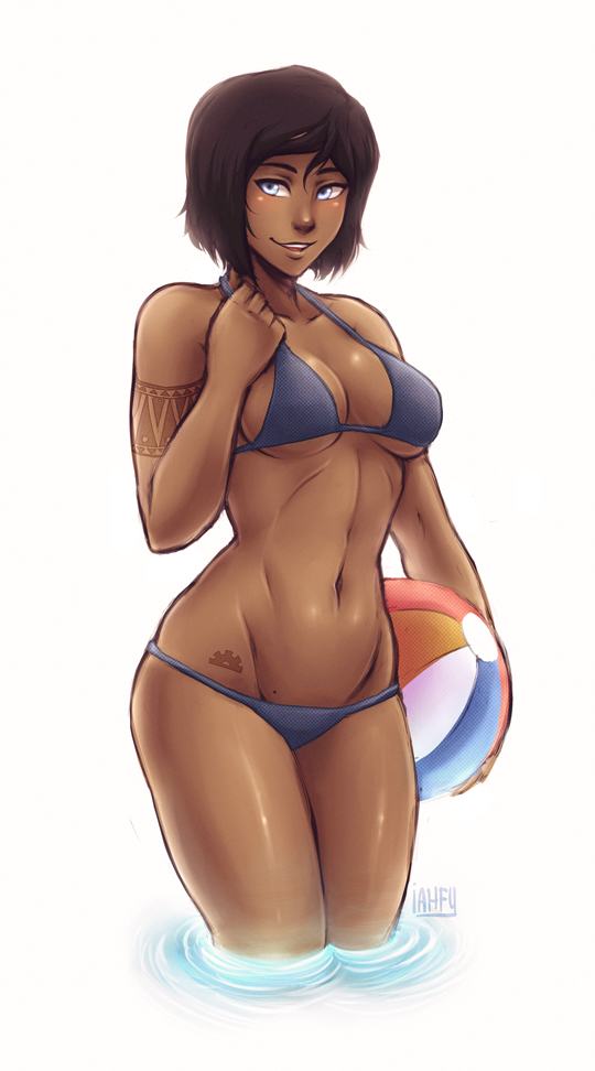 1girl, alternate_hair_length, alternate_hairstyle, avatar_legends, ball, beachball, bikini, blue_bikini