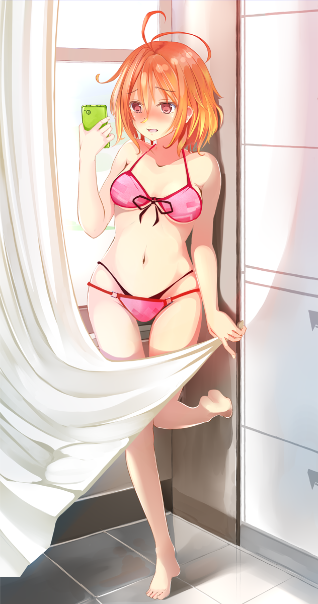 1girl, amagi_brilliant_park, bikini, blush, breasts, cellphone, curtain_grab, curtains