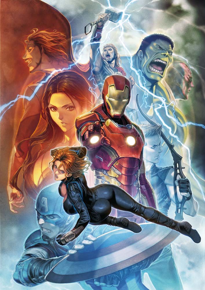2girls, 6+boys, arm_up, ass, avengers, beard, black_widow, bodysuit