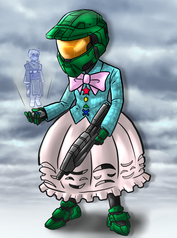 1boy, 1girl, ahoge, assault_rifle, choker, enokuma_uuta, glasses, gun, halo_(game), hata_no_kokoro, helmet, holding, master_chief, master_chief_(cosplay), morichika_rinnosuke, rifle, touhou, weapon