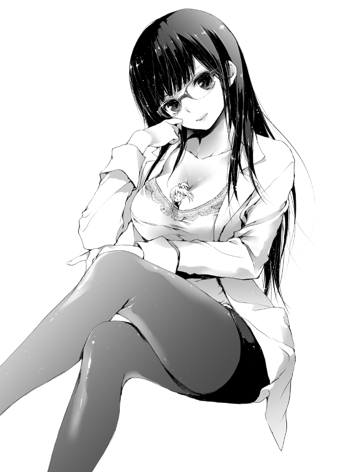 1girl, between_breasts, breasts, chibi, cleavage, collarbone, crossed_legs, glasses