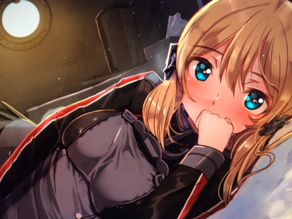1girl, akasaai, blonde_hair, blue_eyes, blush, breasts, bust, covering_mouth