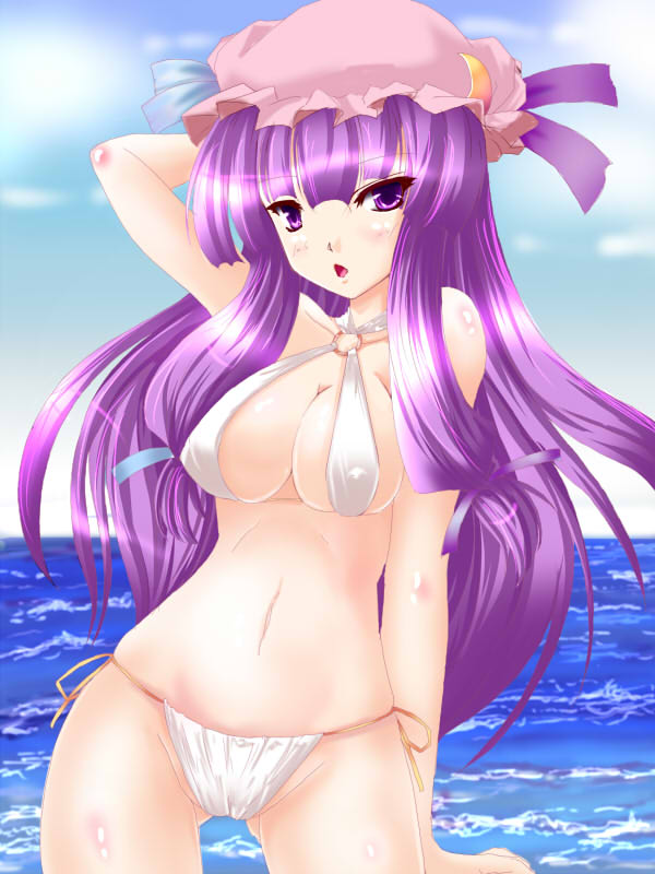 bikini, breasts, hat, long_hair, mikumari, ocean, patchouli_knowledge, purple_eyes