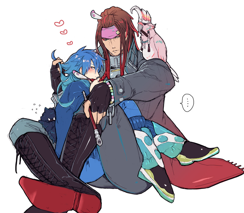 2boys, bird, blue_hair, boots, brown_hair, couple, dog, dramatical_murder