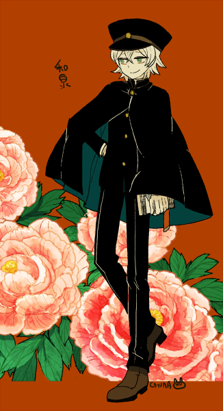 1boy, cape, character_name, flower, green_eyes, hat, inazuma_eleven_(series), inazuma_eleven_go