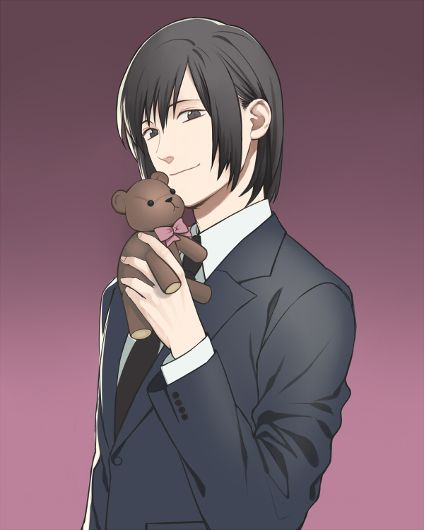 1boy, androgynous, black_hair, bow, dramatical_murder, formal, grey_eyes, male, minato_(robin), necktie, sei_(dramatical_murder), smile, solo, stuffed_animal, stuffed_toy, suit, teddy_bear