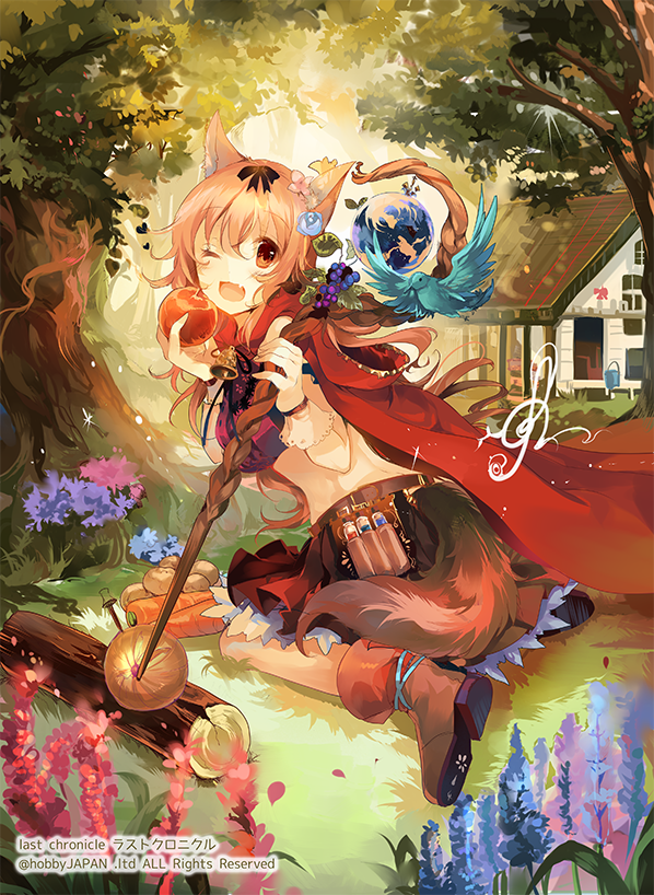 1girl, ;d, animal_ears, apple, bird, boots, bow, brown_eyes