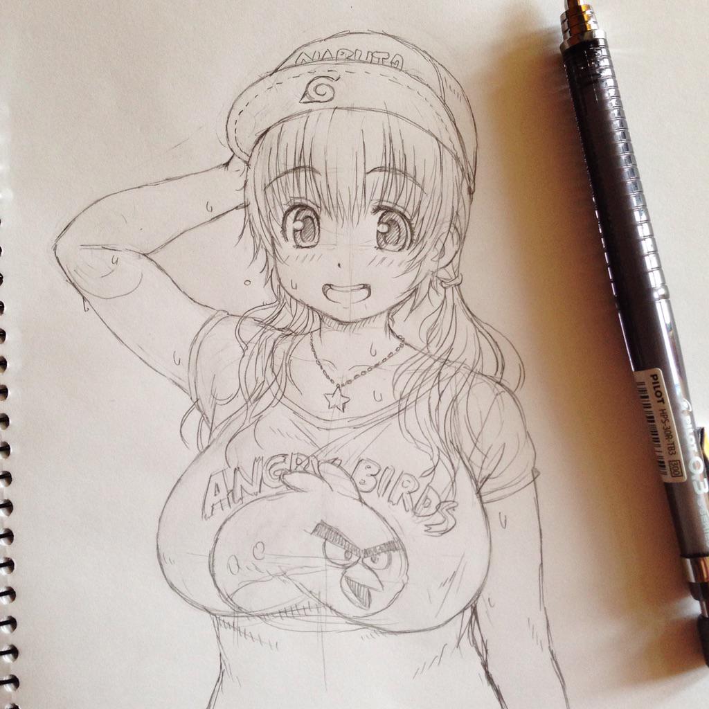 1girl, angry_birds, baseball_cap, blush, breasts, graphite_(medium), hat, headphones