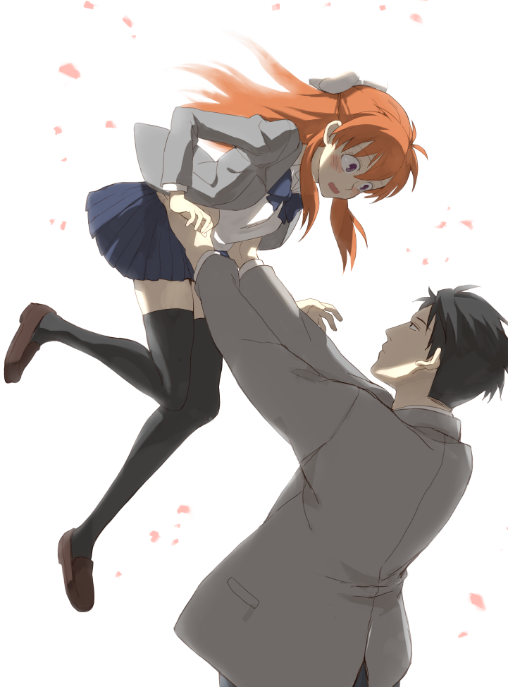 1boy, 1girl, black_eyes, black_hair, black_legwear, blazer, bow, brown_hair, gekkan_shoujo_nozaki-kun, hair_bow, hair_ribbon, kawahara_fantasia, lifting_person, nozaki_umetarou, petals, pleated_skirt, ribbon, sakura_chiyo, school_uniform, shade, shoes, simple_background, skirt, thigh-highs, violet_eyes, white_background, zettai_ryouiki