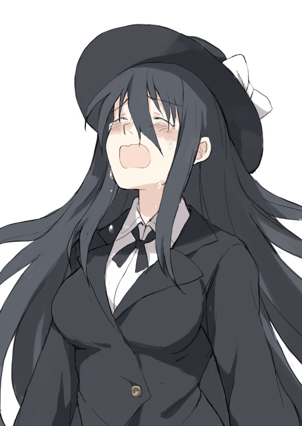 1girl, anetai_toyone, black_hair, blazer, blush, closed_eyes, crying, hat