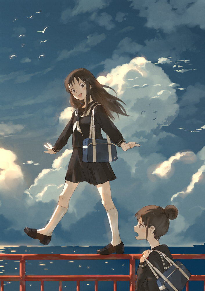 2girls, :d, bag, black_eyes, black_hair, hair_bun, horizon, kawahara_fantasia