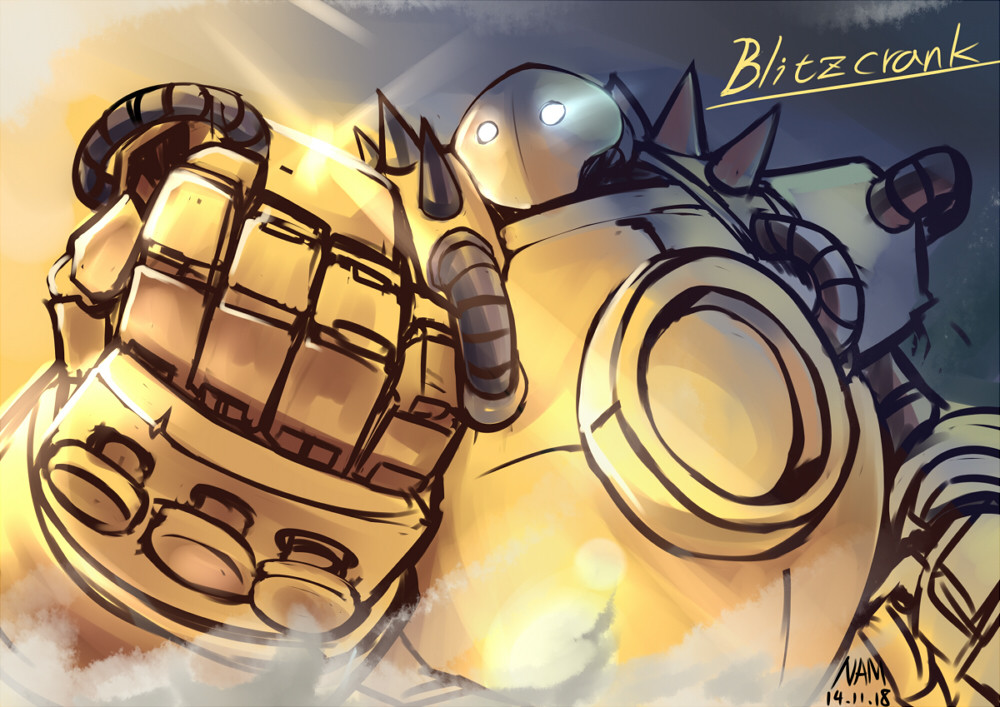blitzcrank, foreshortening, league_of_legends, nam_(valckiry), no_humans, robot, spikes