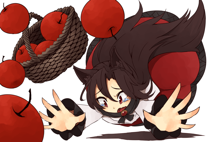 1girl, animal_ears, apple, brooch, brown_hair, dress, falling, food