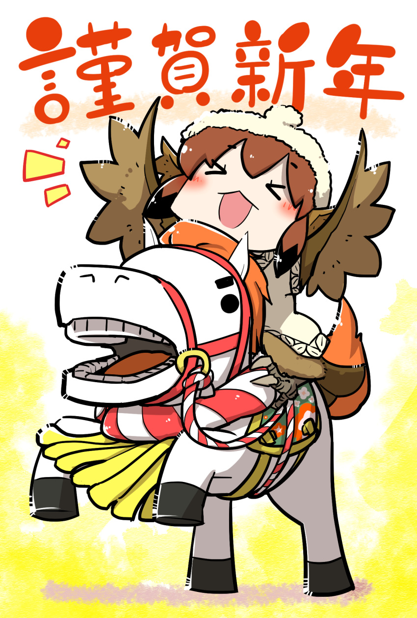 >_<, 1girl, blush, brown_hair, feathered_wings, harpy, hat, head_feathers