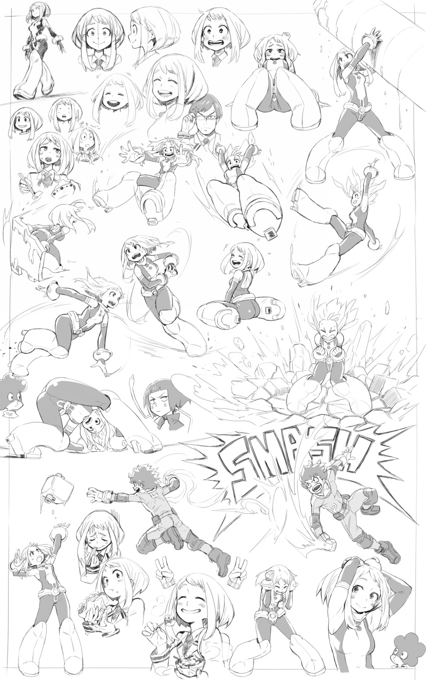 2girls, 3boys, absurdres, bodysuit, boku_no_hero_academia, character_sheet, eating, highres