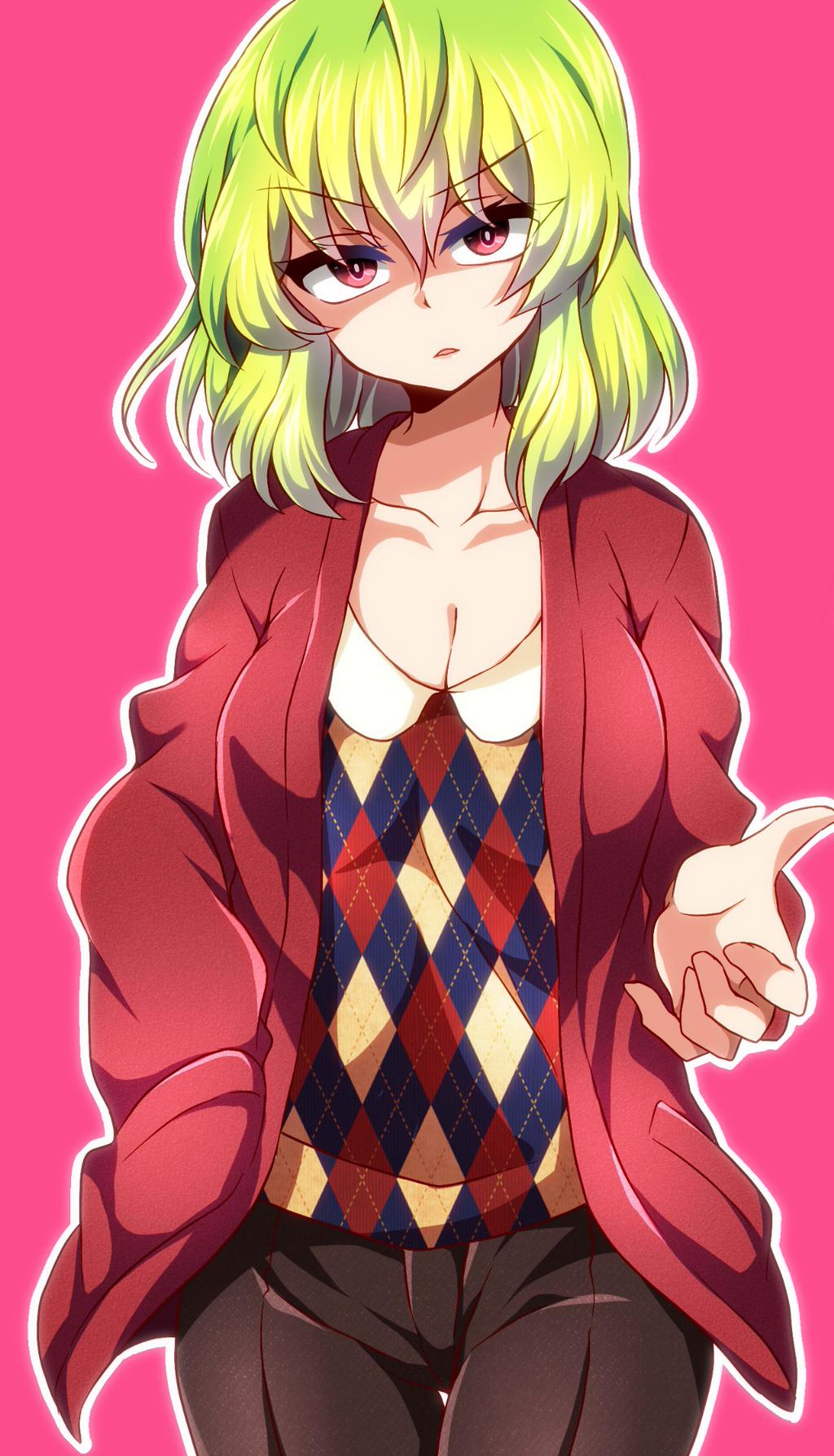 1girl, breasts, cleavage, green_hair, hand_in_pocket, highres, looking_at_viewer, miyabi_mahore