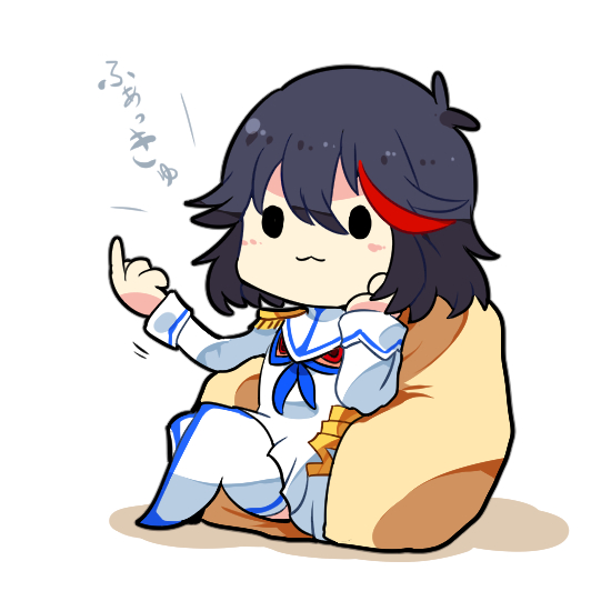 1girl, :3, bean_bag_chair, black_hair, chibi, junketsu, kill_la_kill, matoi_ryuuko