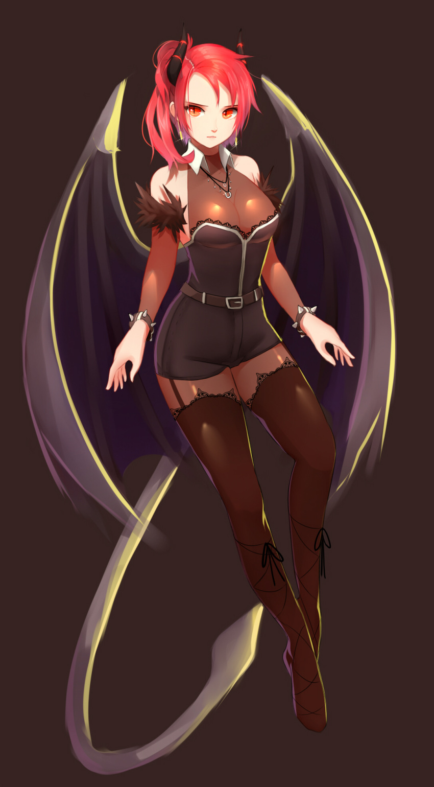 1girl, arms_at_sides, bare_shoulders, black_dress, black_legwear, breasts, demon_girl, demon_tail, demon_wings, dress, garter_straps, highres, horns, looking_at_viewer, original, pantyhose, parted_lips, ponytail, red_eyes, redhead, short_dress, solo, ss0l_(skghek), succubus, tail, thigh-highs, thighhighs_over_pantyhose, wings