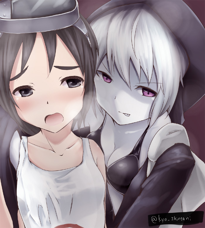 2girls, black_bra, black_hair, blush, bra, diving_mask, grey_eyes, grey_skin