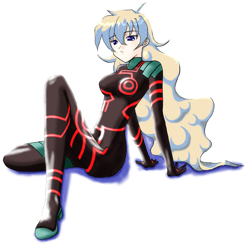 antispiral_nia, bodysuit, chiaki_lsd, long_hair, multicolored_hair, nia_teppelin, sitting, skin_tight