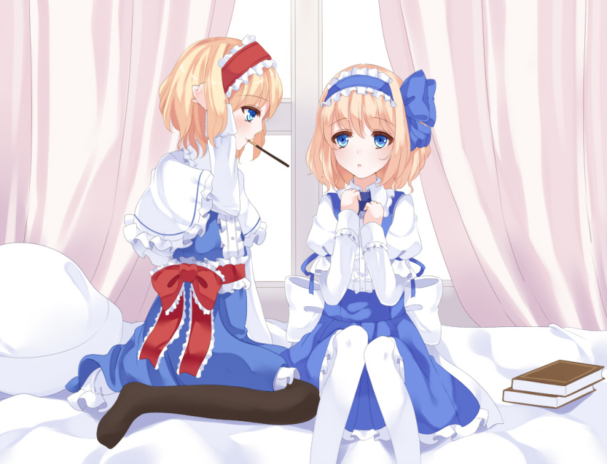 2girls, alice_margatroid, alice_margatroid_(pc-98), bed, bed_sheet, black_legwear, blonde_hair, blouse