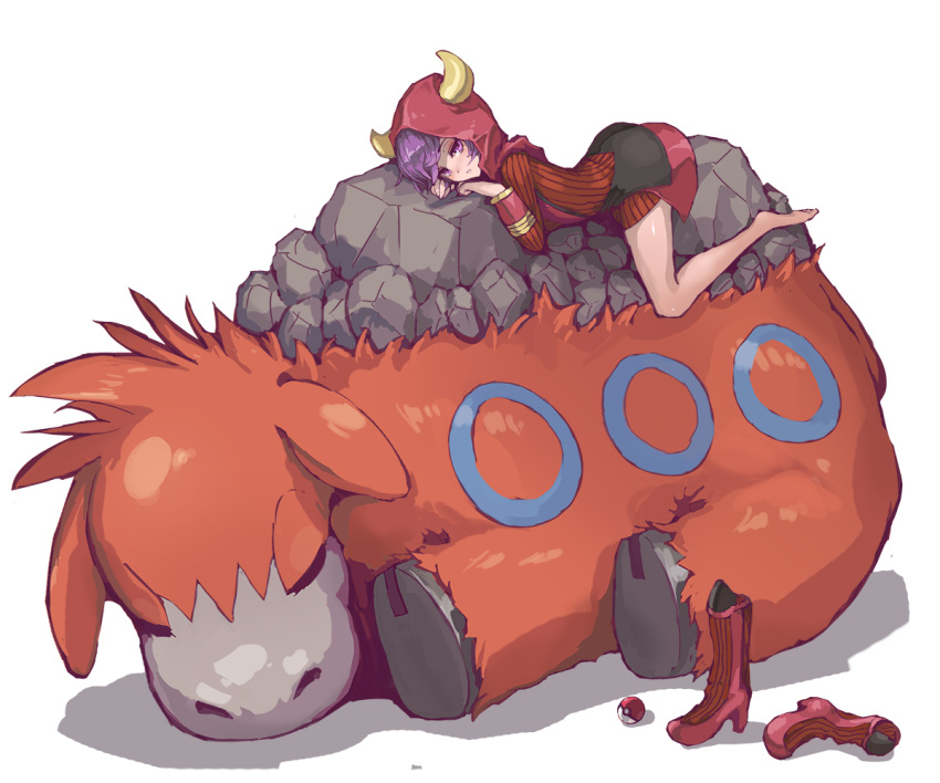 1girl, barefoot, boots_removed, camerupt, geeto_gaadian, hoodie, kagari_(pokemon)_(remake), lavender_hair, lying, poke_ball, pokemon, pokemon_(creature), pokemon_(game), pokemon_oras, sleeping, violet_eyes