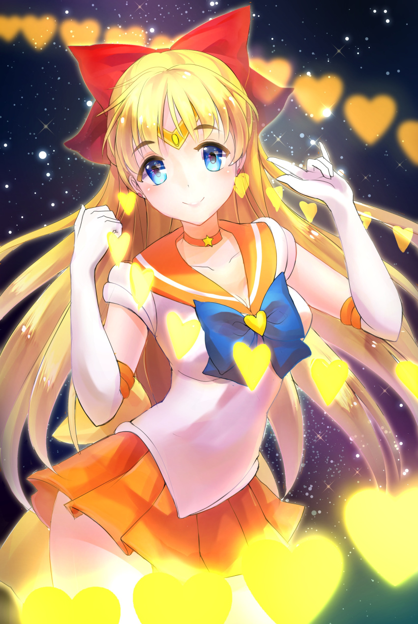 1girl, absurdres, aino_minako, bishoujo_senshi_sailor_moon, blonde_hair, blue_eyes, bow, brooch, choker, collarbone, cowboy_shot, ear_studs, earrings, elbow_gloves, gloves, hair_bow, hands_up, heart, highres, jewelry, long_hair, looking_at_viewer, miniskirt, namari_(angelaqxi), reflective_eyes, sailor_senshi, sailor_venus, shiny, shiny_hair, skirt, smile, solo, space, sparkle, white_gloves