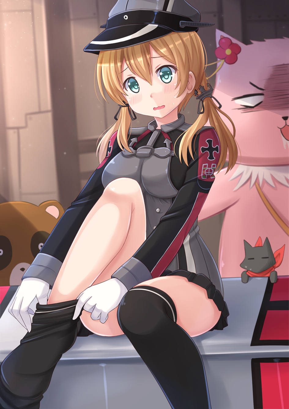 1girl, amagi_brilliant_park, aqua_eyes, black_cat, black_legwear, blonde_hair, blush, breasts, cat, dressing, gekkan_shoujo_nozaki-kun, hat, highres, kantai_collection, kazenokaze, long_hair, looking_at_viewer, low_twintails, microskirt, nichijou, peaked_cap, prinz_eugen_(kantai_collection), sakamoto_(nichijou), sitting, skirt, solo, tanuki, thigh-highs, thighhighs_pull, tiramii, twintails, wavy_mouth, white_background