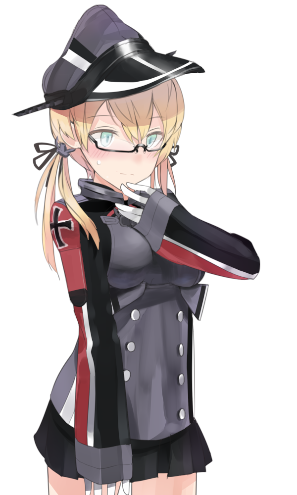 1girl, anchor_hair_ornament, aqua_eyes, bespectacled, blonde_hair, blush, breasts, fujibejifu